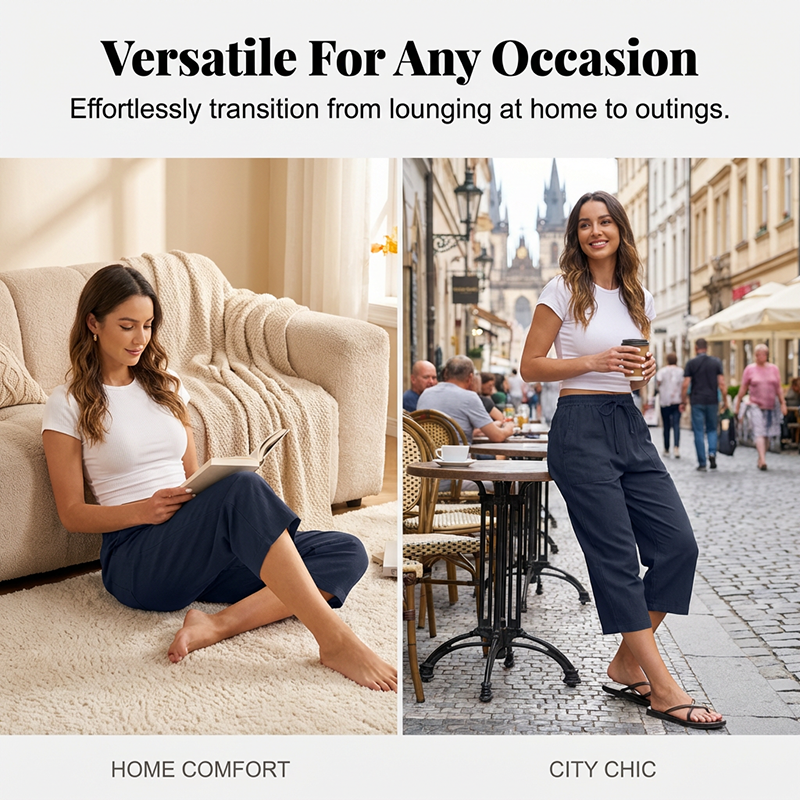 Pantalon 7/8 en mélange coton et lin pour femme