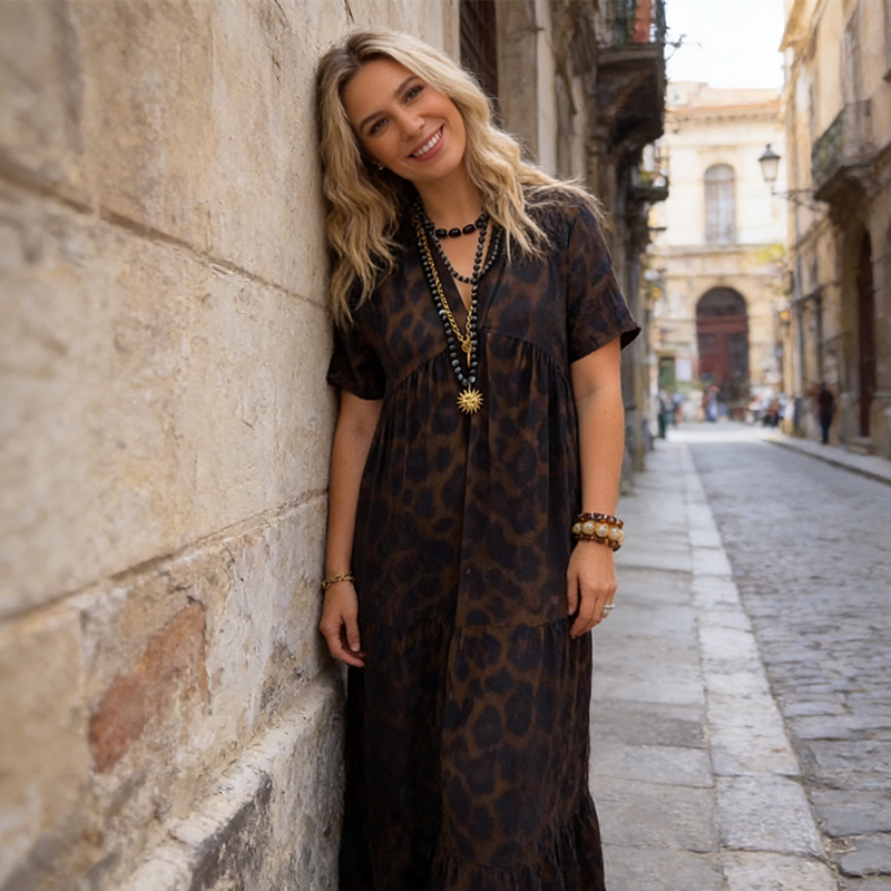 Robe longue à col en V et imprimé léopard pour femme