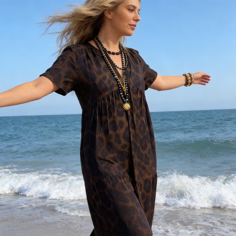Robe longue à col en V et imprimé léopard pour femme