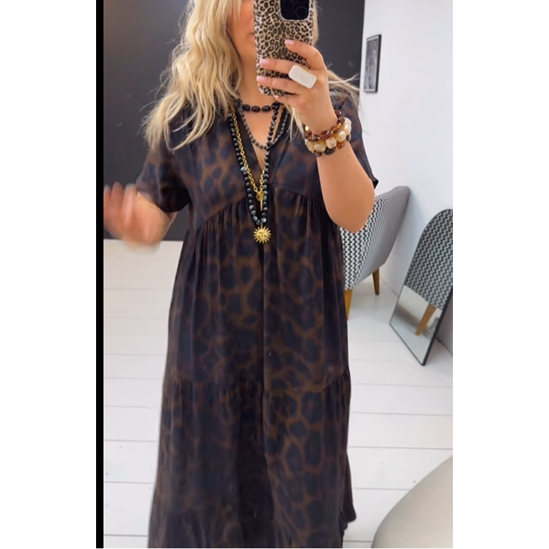 Robe longue à col en V et imprimé léopard pour femme
