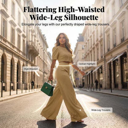 Ensemble élégant composé d'un haut court à manches bouffantes et d'un pantalon à jambes larges