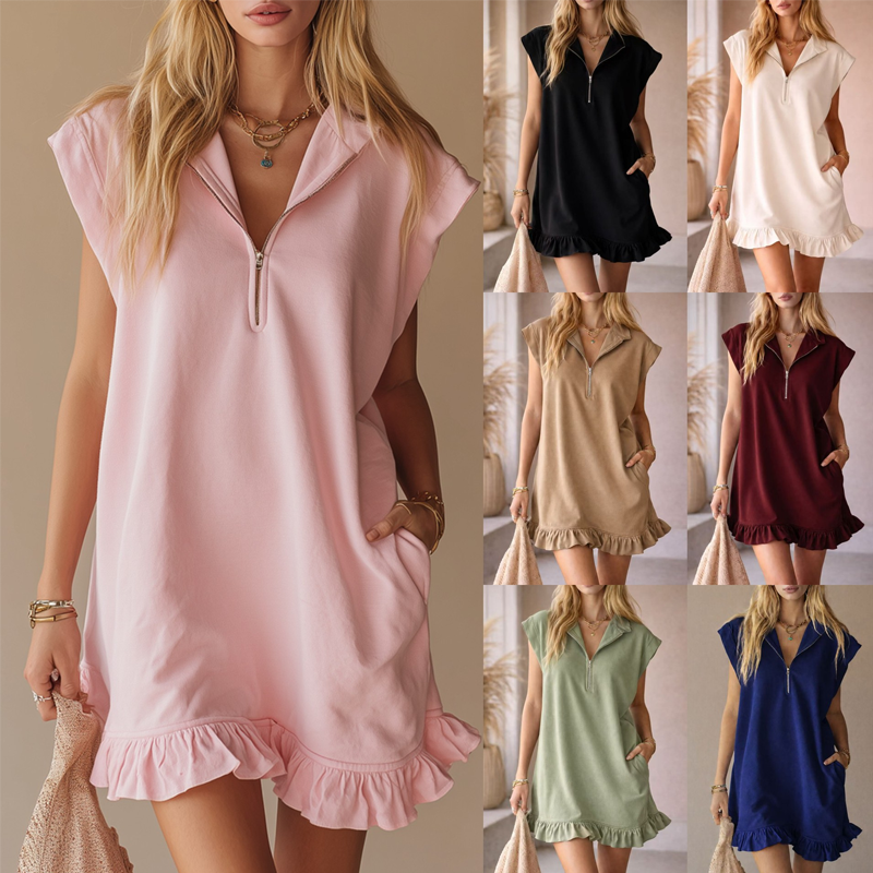 🌸SOLDES : 50 % DE RÉDUCTION🌸 Robe sans manches à demi-fermeture éclair et ourlet à volants pour femme