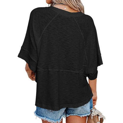 T-shirt patchwork uni à manches trompette amples à cinq pointes