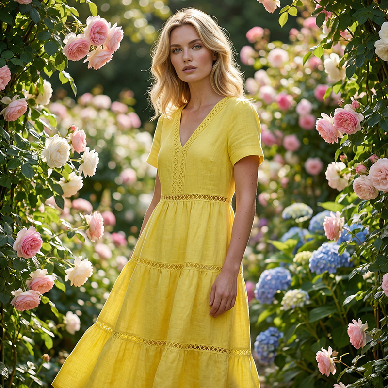 Robe élégante à encolure en V et empiècements en dentelle pour femme