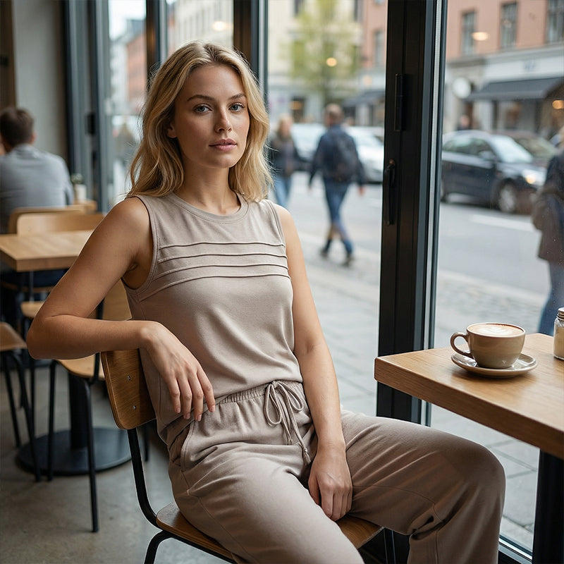 Ensemble femme : haut sans manches et pantalon à cordon de serrage