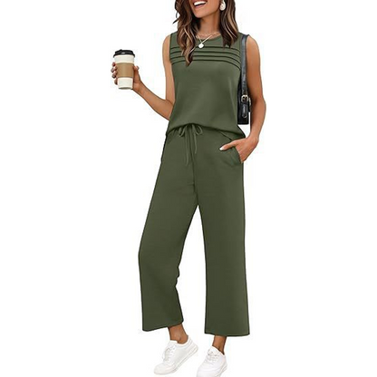 Ensemble femme : haut sans manches et pantalon à cordon de serrage