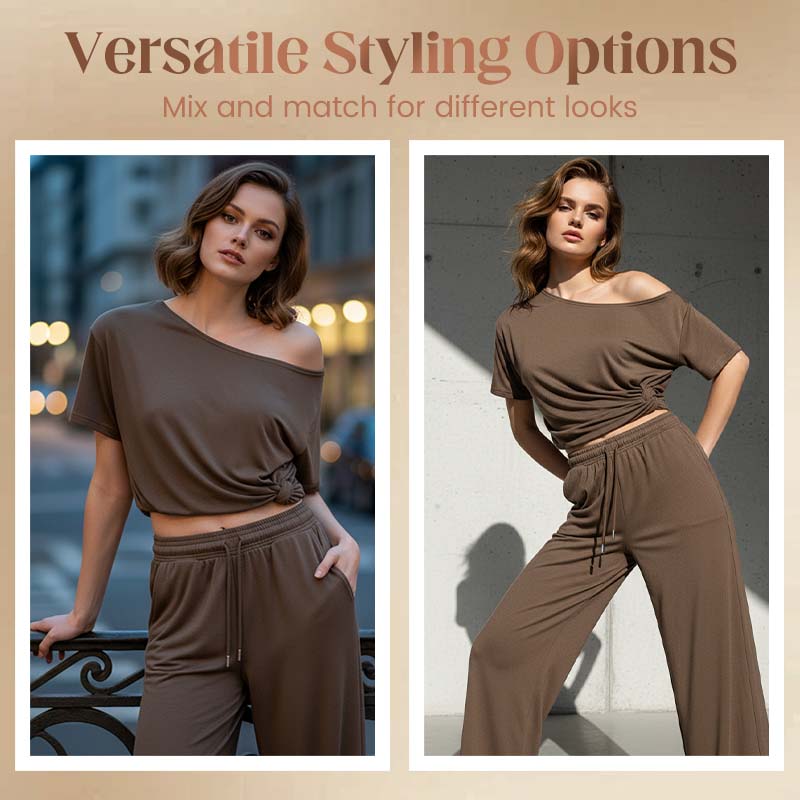 📢📢60 % DE RÉDUCTION !!!⏰ Ensemble 2 pièces Femme – Top asymétrique & Pantalon wide leg fluide pour un look chic et confortable.