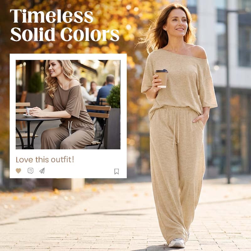 📢📢60 % DE RÉDUCTION !!!⏰ Ensemble 2 pièces Femme – Top asymétrique & Pantalon wide leg fluide pour un look chic et confortable.