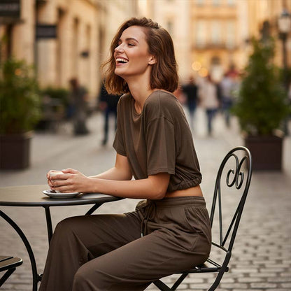 📢📢60 % DE RÉDUCTION !!!⏰ Ensemble 2 pièces Femme – Top asymétrique & Pantalon wide leg fluide pour un look chic et confortable.