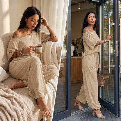 📢📢60 % DE RÉDUCTION !!!⏰ Ensemble 2 pièces Femme – Top asymétrique & Pantalon wide leg fluide pour un look chic et confortable.