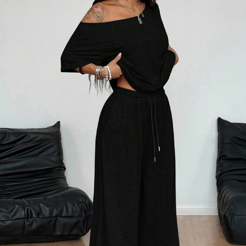 📢📢60 % DE RÉDUCTION !!!⏰ Ensemble 2 pièces Femme – Top asymétrique & Pantalon wide leg fluide pour un look chic et confortable.