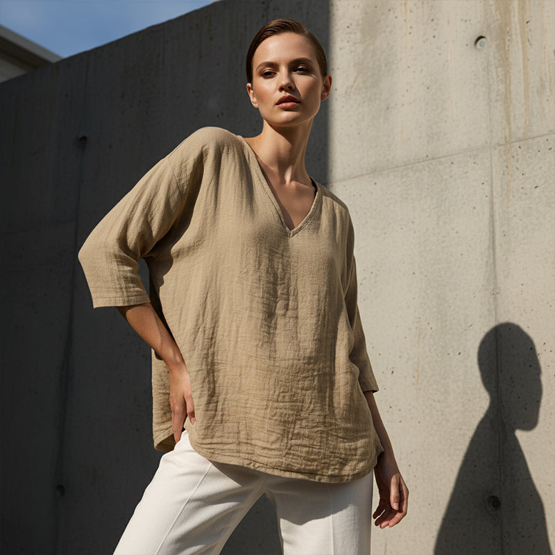 🔥Offre à durée limitée - Chemisier décontracté à col en V et manches trois-quarts pour femme