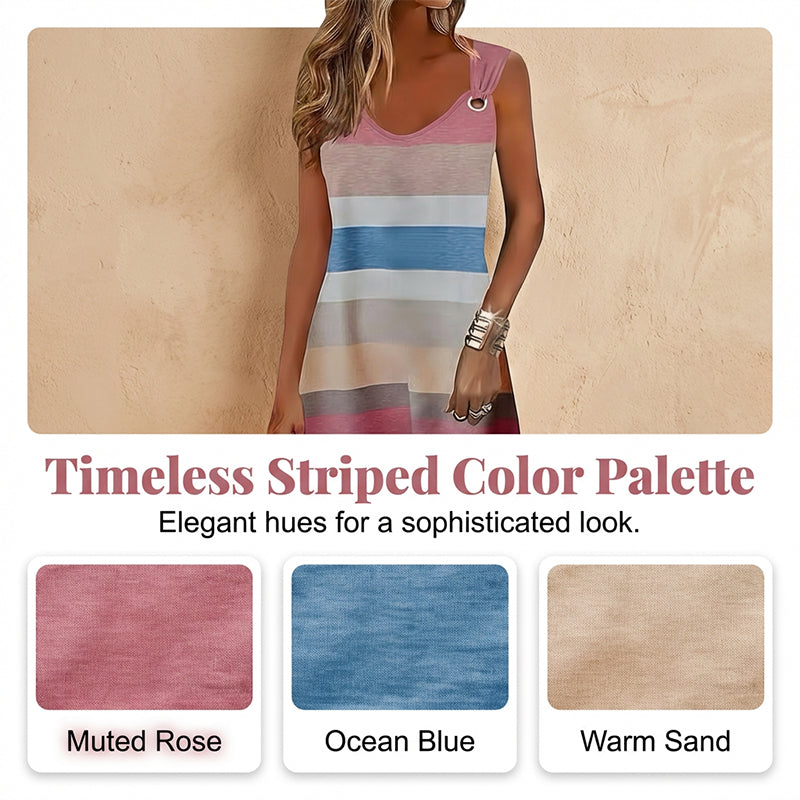 Robe d'été élégante à rayures ethniques, sans manches, col en V, coupe ample, grande taille, style décontracté, taille naturelle