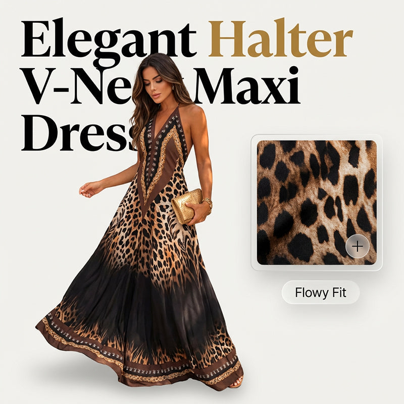 Robe longue à imprimé animal, col licou et col V