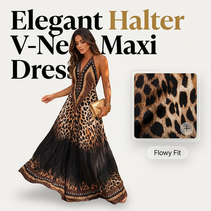 Robe longue à imprimé animal, col licou et col V