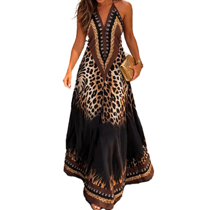 Robe longue à imprimé animal, col licou et col V