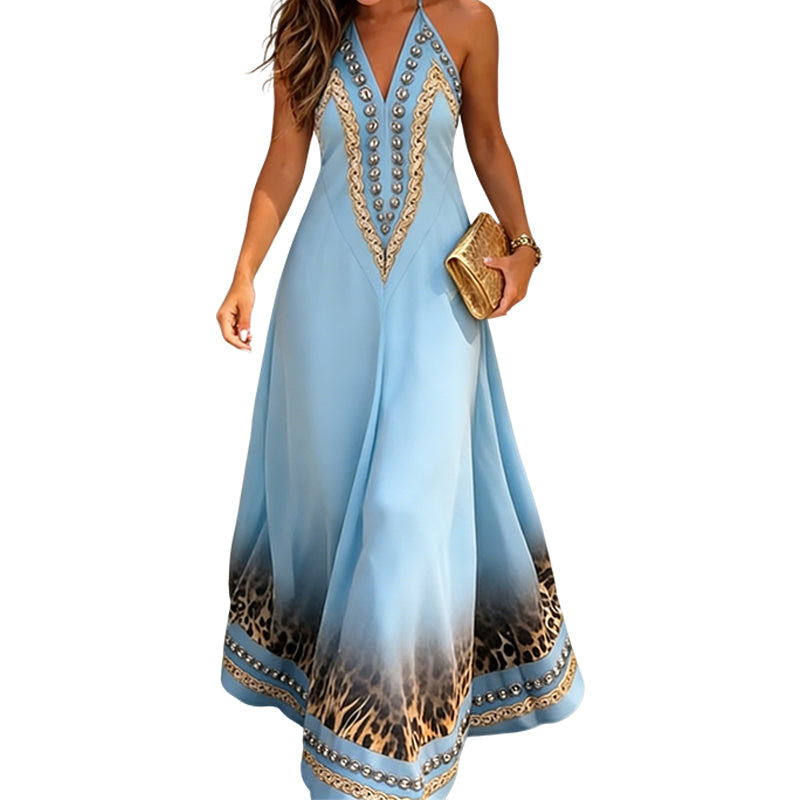 Robe longue à imprimé animal, col licou et col V