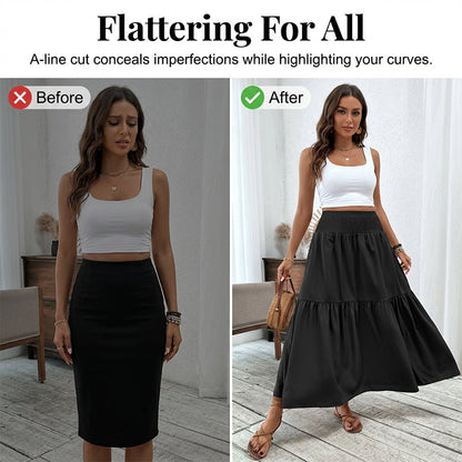 Jupe longue évasée à taille haute et smocks pour femme