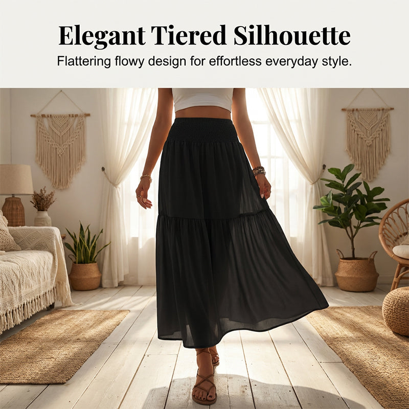 Jupe longue évasée à taille haute et smocks pour femme
