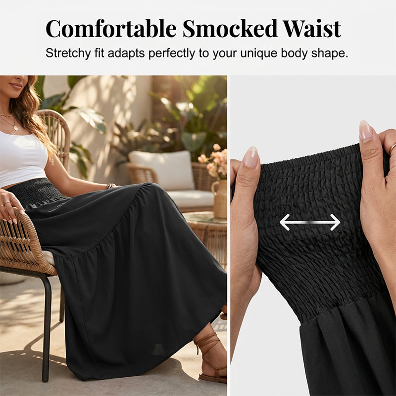Jupe longue évasée à taille haute et smocks pour femme
