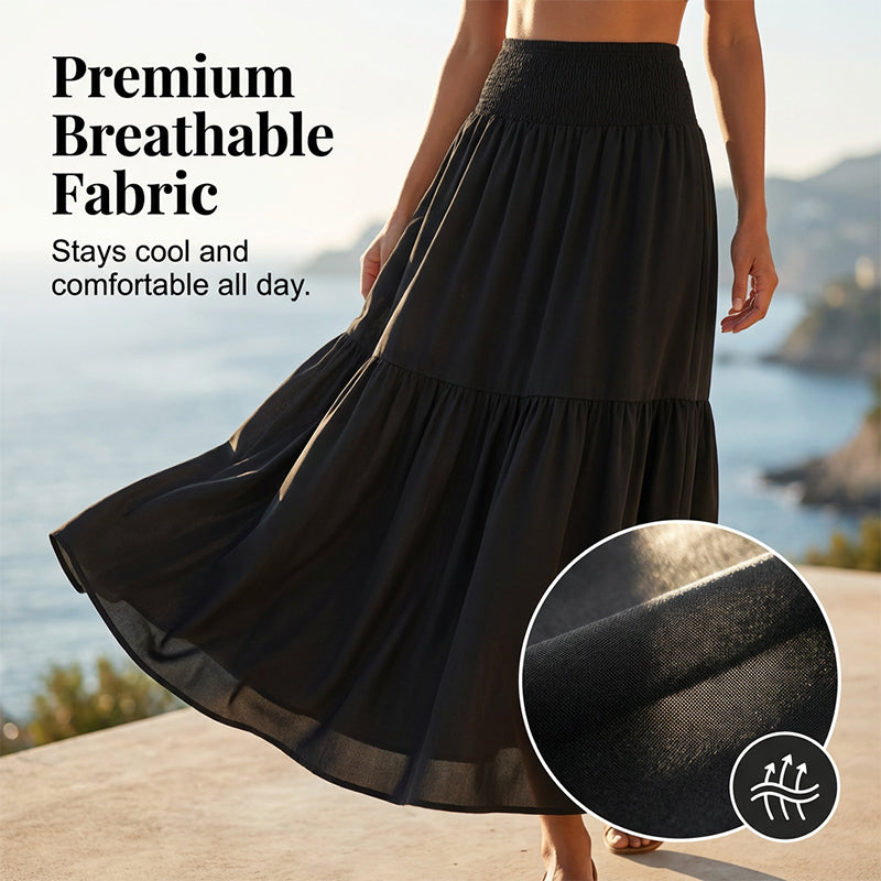 Jupe longue évasée à taille haute et smocks pour femme