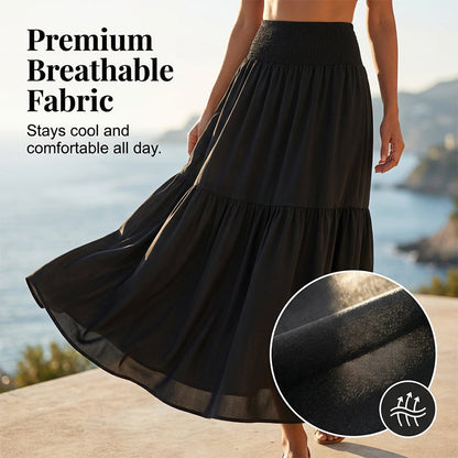 Jupe longue évasée à taille haute et smocks pour femme