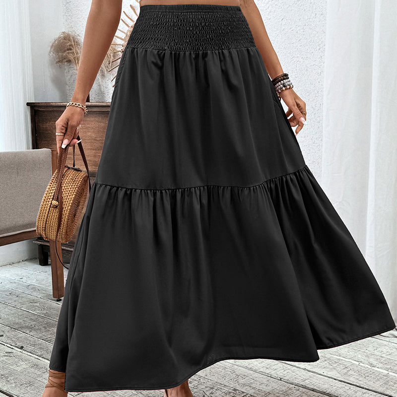 Jupe longue évasée à taille haute et smocks pour femme