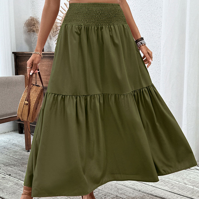 Jupe longue évasée à taille haute et smocks pour femme