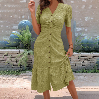 🔥DERNIER JOUR : 50 % DE RÉDUCTION🌞💃Robe midi à manches courtes et col en V, boutonnée, pour femme