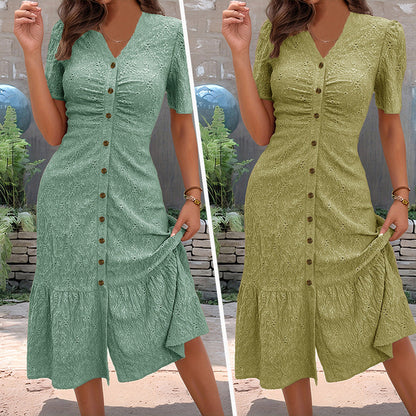 🔥DERNIER JOUR : 50 % DE RÉDUCTION🌞💃Robe midi à manches courtes et col en V, boutonnée, pour femme