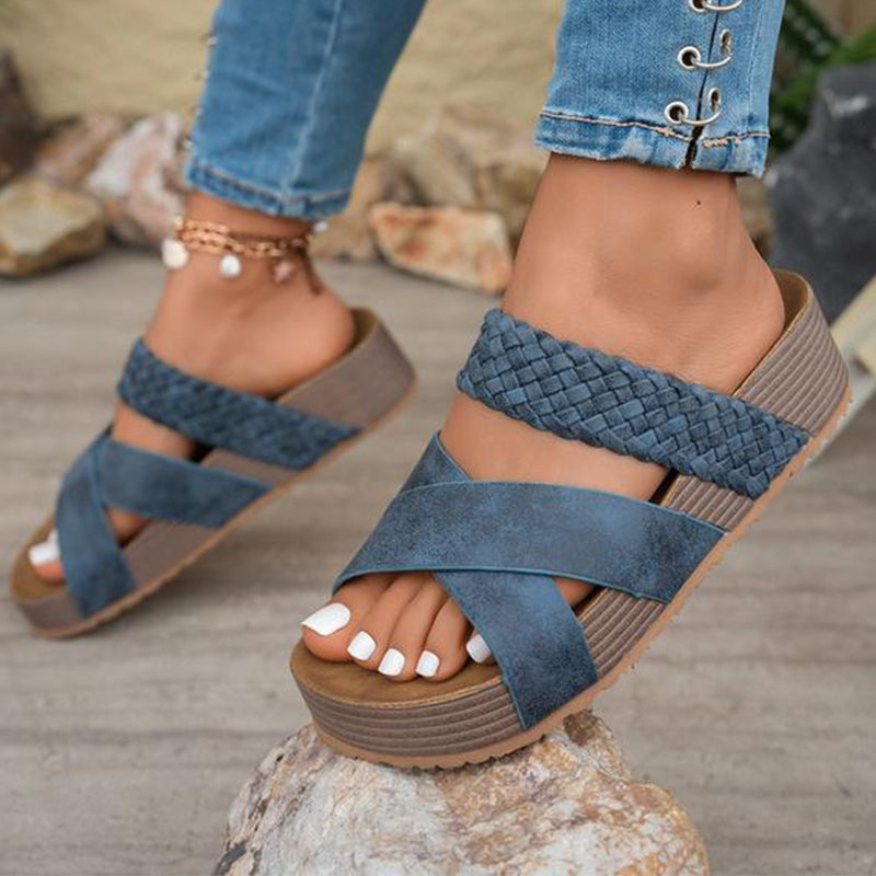 💐 PROMO EXCEPTIONNELLE -50% ! Sandales Compensées à Lanières Entrecroisées – Cuir Souple, Semelle Antidérapante ✨🌿 【Offre Limitée】