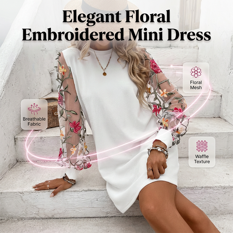 Robe à manches en maille brodée de fleurs pour femme