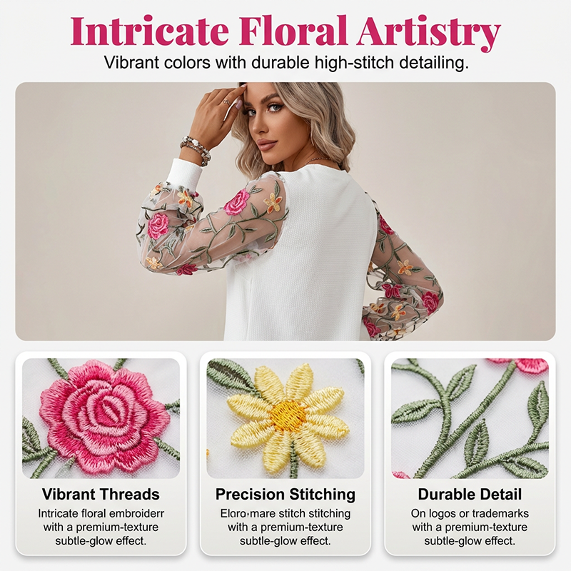 Robe à manches en maille brodée de fleurs pour femme