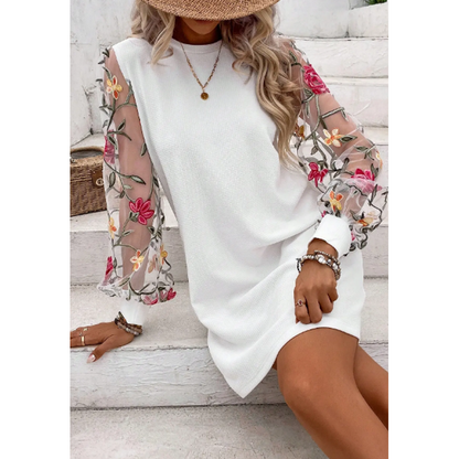 Robe à manches en maille brodée de fleurs pour femme