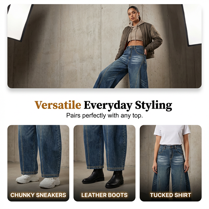 Jean barrel taille haute décontracté pour femme