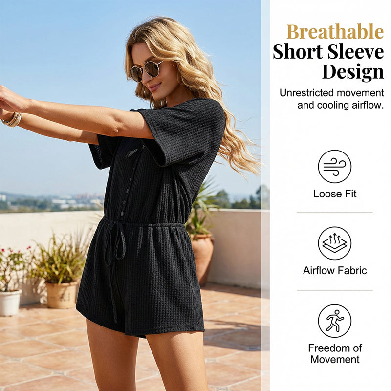 Combishort Femme en Maille Texturée à Manches Courtes