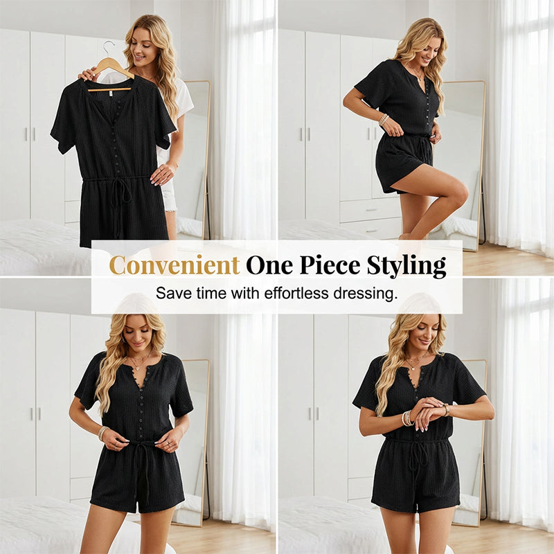 Combishort Femme en Maille Texturée à Manches Courtes