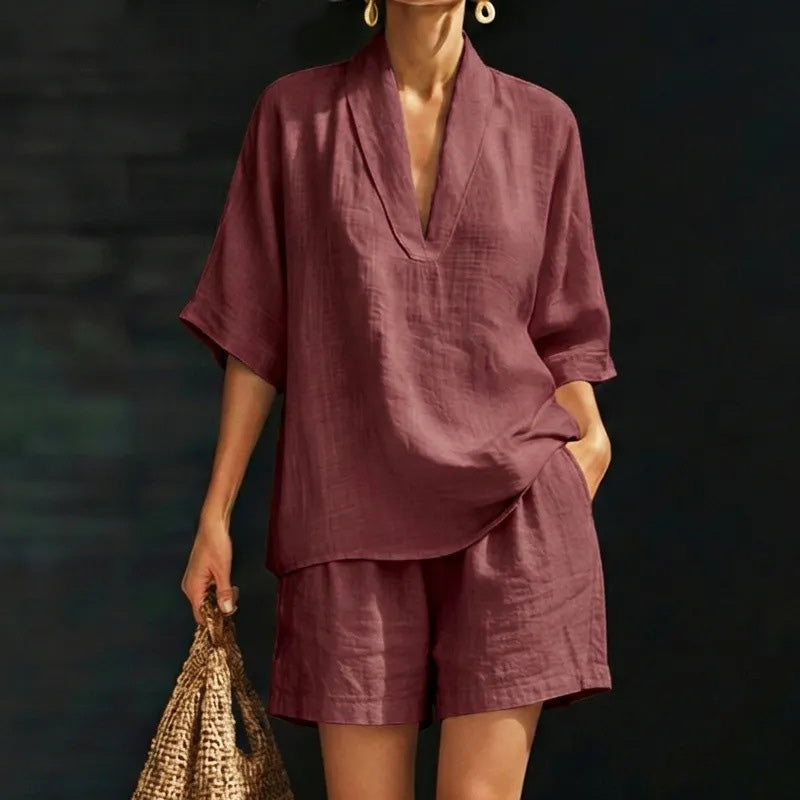 Ensemble Femme Décontracté : Haut Col V et Short