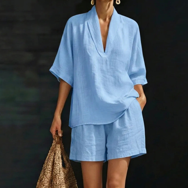 Ensemble Femme Décontracté : Haut Col V et Short