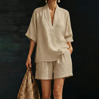 Ensemble Femme Décontracté : Haut Col V et Short
