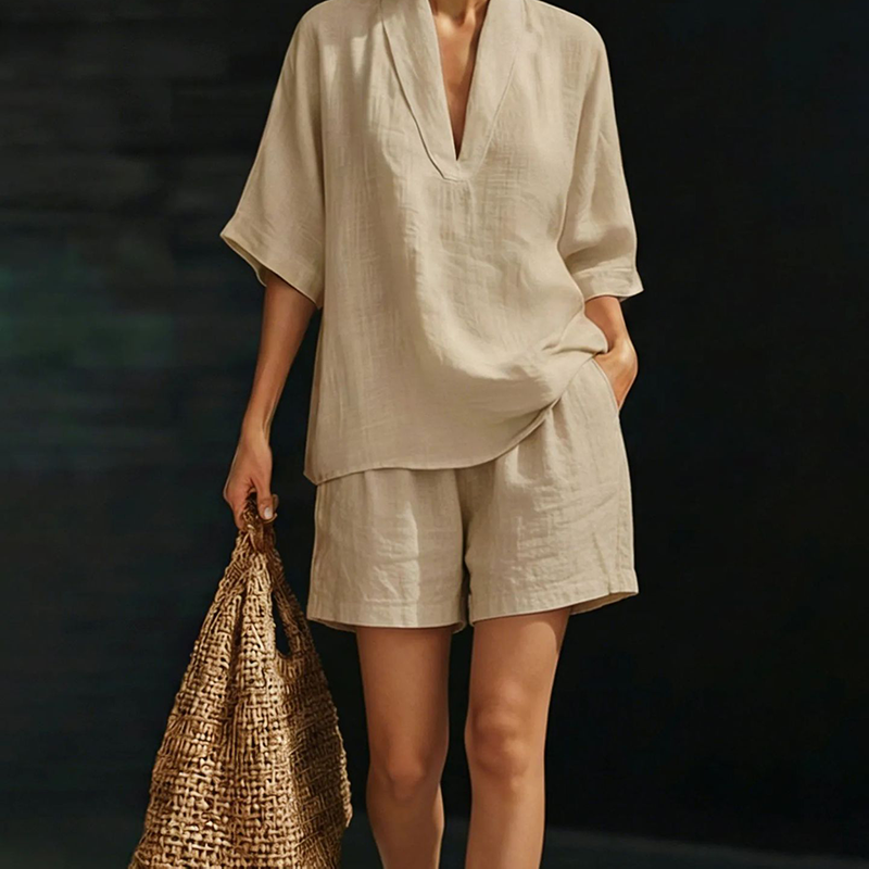 Ensemble Femme Décontracté : Haut Col V et Short