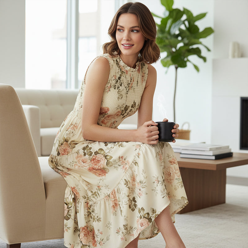 💐🌴👒 PROMO -50% ! Robe sans Manches Décontractée – Imprimé Floral, Coupe Midi & Jupe à Étages (6 Couleurs, S-3XL)