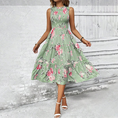 💐🌴👒 PROMO -50% ! Robe sans Manches Décontractée – Imprimé Floral, Coupe Midi & Jupe à Étages (6 Couleurs, S-3XL)