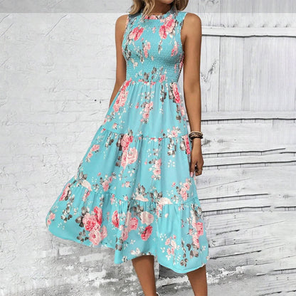 💐🌴👒 PROMO -50% ! Robe sans Manches Décontractée – Imprimé Floral, Coupe Midi & Jupe à Étages (6 Couleurs, S-3XL)