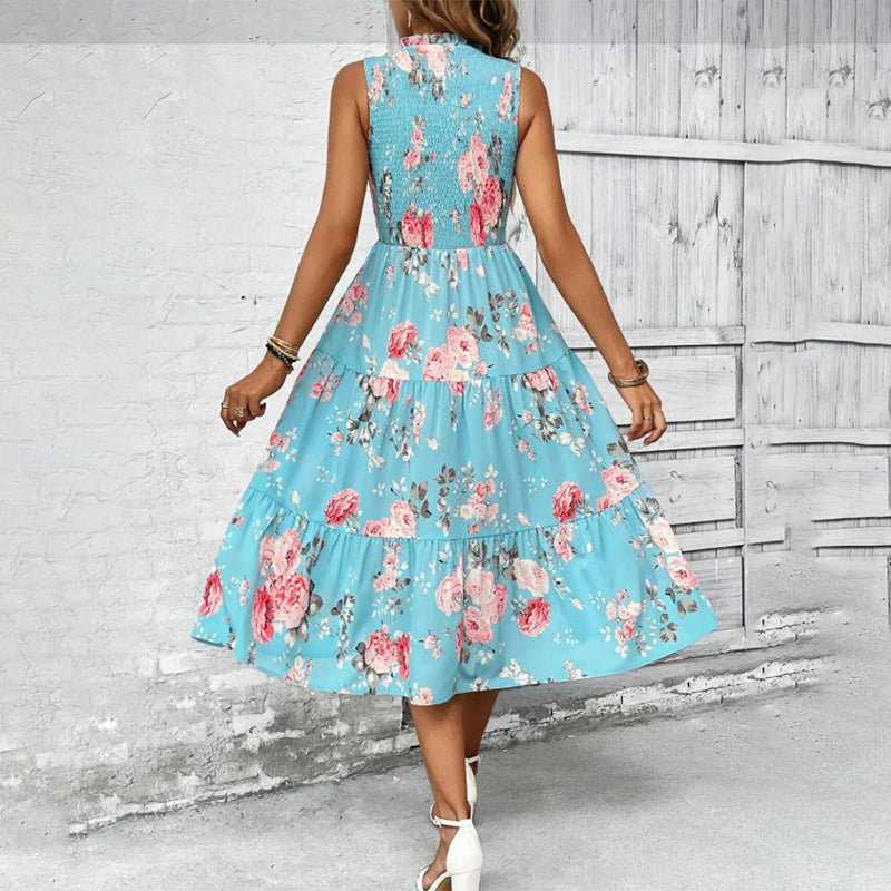 💐🌴👒 PROMO -50% ! Robe sans Manches Décontractée – Imprimé Floral, Coupe Midi & Jupe à Étages (6 Couleurs, S-3XL)