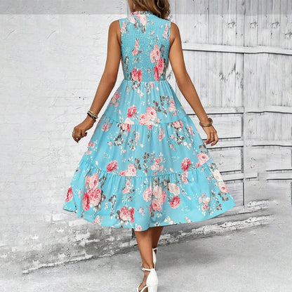 💐🌴👒 PROMO -50% ! Robe sans Manches Décontractée – Imprimé Floral, Coupe Midi & Jupe à Étages (6 Couleurs, S-3XL)
