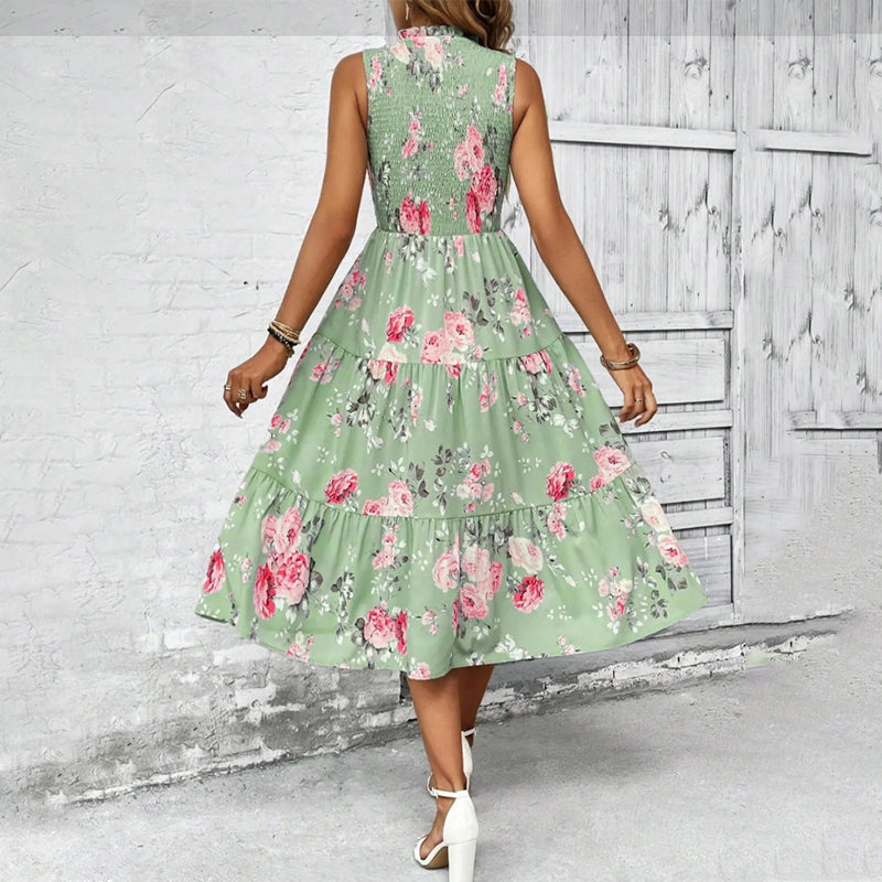💐🌴👒 PROMO -50% ! Robe sans Manches Décontractée – Imprimé Floral, Coupe Midi & Jupe à Étages (6 Couleurs, S-3XL)
