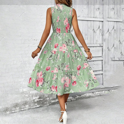 💐🌴👒 PROMO -50% ! Robe sans Manches Décontractée – Imprimé Floral, Coupe Midi & Jupe à Étages (6 Couleurs, S-3XL)