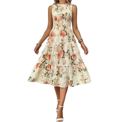 💐🌴👒 PROMO -50% ! Robe sans Manches Décontractée – Imprimé Floral, Coupe Midi & Jupe à Étages (6 Couleurs, S-3XL)