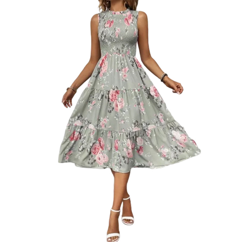 💐🌴👒 PROMO -50% ! Robe sans Manches Décontractée – Imprimé Floral, Coupe Midi & Jupe à Étages (6 Couleurs, S-3XL)